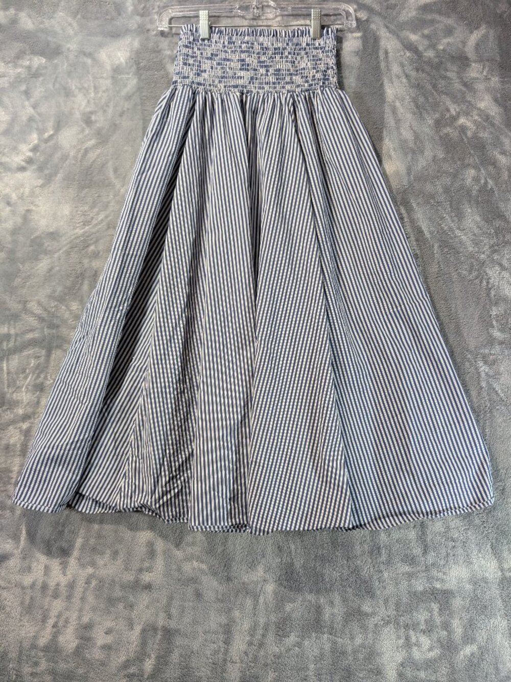 Coastal Blue & White Stripe Smocked High Waist Midi Skirt XS - H&M
